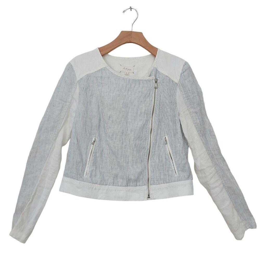 Lou & Grey Moto Zip Jacket Womens Medium White Blue Striped 100% Linen